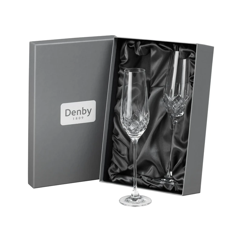 Denby - Celeste Crystal Champagne Flutes Set of 2-230ml Lead-Free, Hand Cut Design, Elegant & Premium Prosecco, Champagne Glasses - Dishwasher Safe & Durable Glassware - with Gift Box