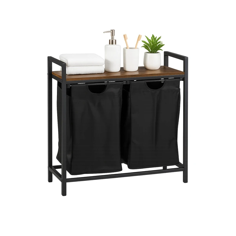 Relaxdays laundry sorter, 2 removable laundry bags, with shelf, HWD: 72 x 73 x 33 cm, metal laundry basket, brown/black