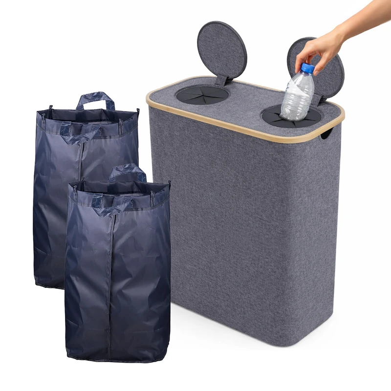 Relaxdays Bottle Recycling Bin, 170L, 60 Bottles, Removable Inner Bags, Glass & Plastic, 80x57x37cm, Grey