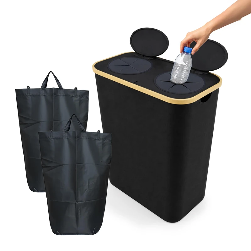 Relaxdays Recycling Bottle Collector, 170L, holds 100 bottles, 2 inner bags, for glass & plastic, 80x57x37cm black