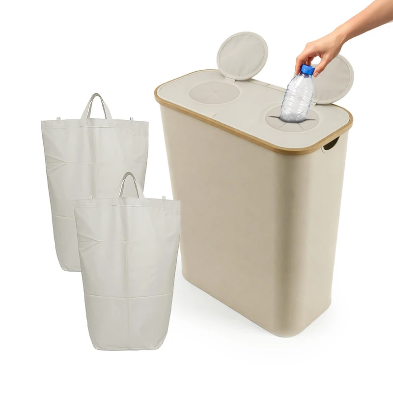 Relaxdays Recycling Bottle Collector, 170L, Holds 60 Bottles, Removable Inner Bags, Glass & Plastic, 80x57x37cm, Beige - Image 1