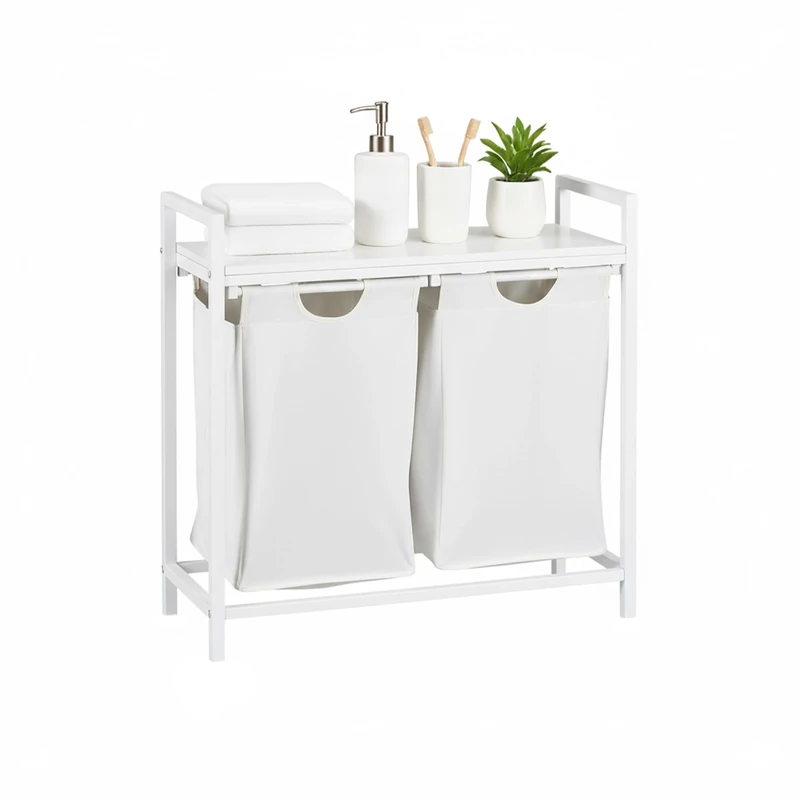 Relaxdays laundry sorter with 2 removable bags, includes shelf, HWD: 72 x 73 x 33 cm, metal basket, white/grey