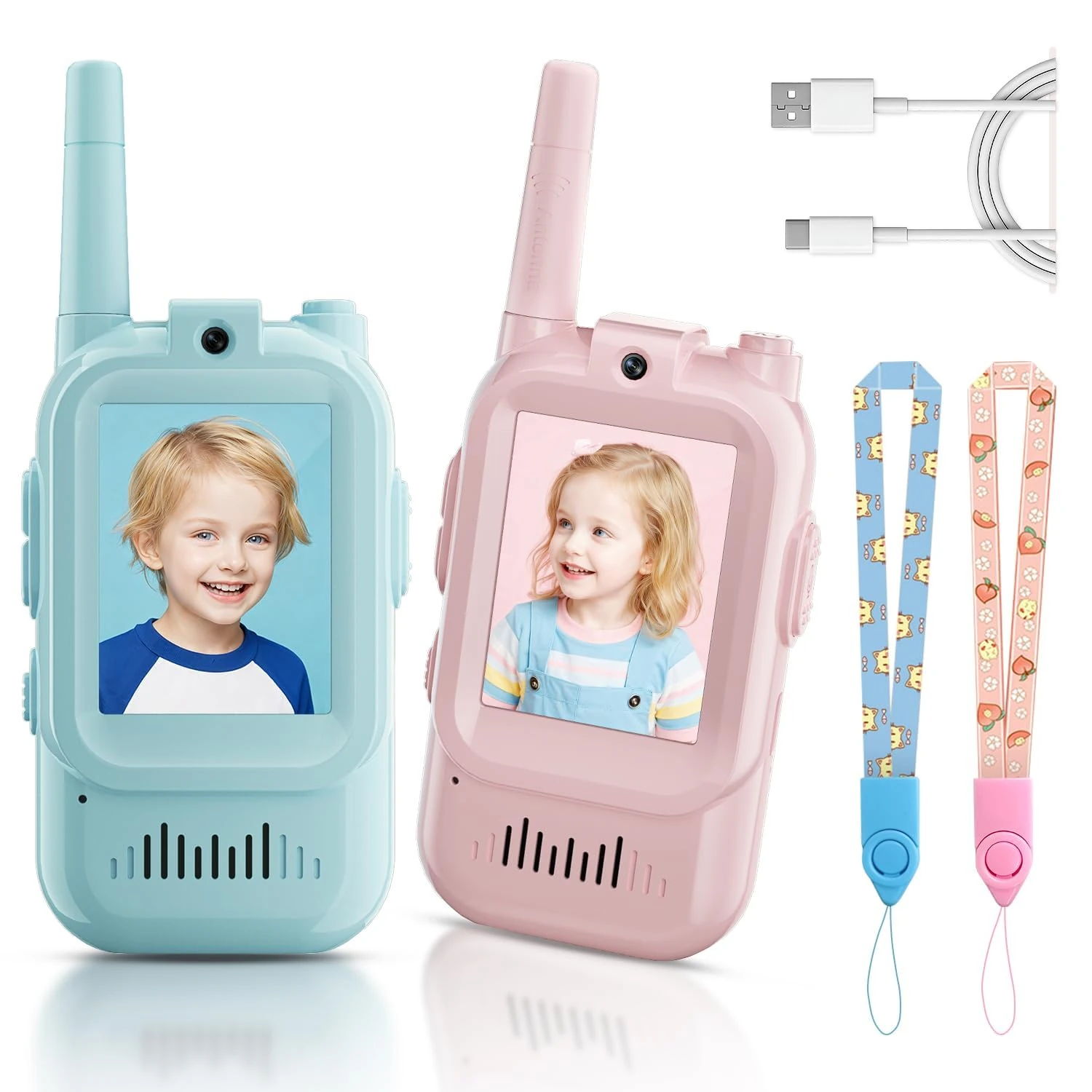 Video Walkie Talkies for Kids, Handheld 2 Pack Rechargeable Video Intercom Kids Walkies Talkies, Indoor Outdoor Toys for Family Games, Outside, Camping, Hiking for Boys Girls Ages 3-12 (Blue/Pink)