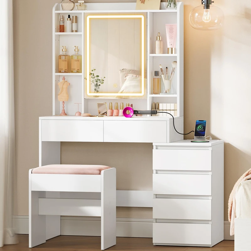 VASAGLE KAILYN Collection - Dressing Table with LED Lights and Power Outlets, Modern Makeup Desk, Vanity Table with Mirror, Drawers, Adjustable Shelves, 40 x 105 x 145 cm, Cloud White RDT144WB02