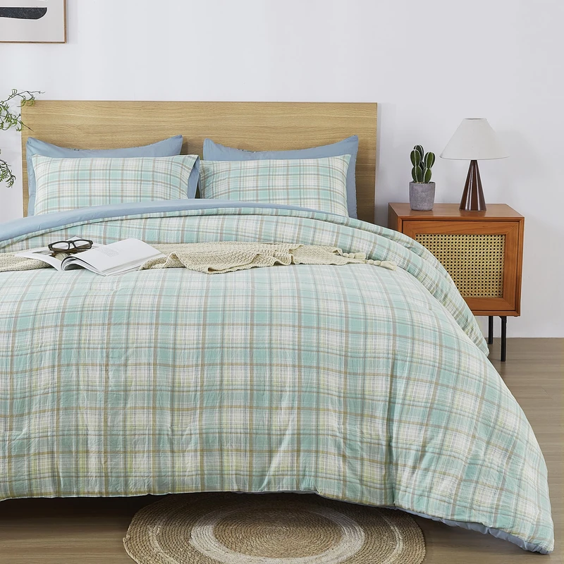 Oli Anderson King Comforter Set, 3 PCS Green Plaid Bedding Comforter, Reversible Lightweight Fluffy Grid Bedding Set with 2 Pillowcases for All Seasons - 104" x 90"