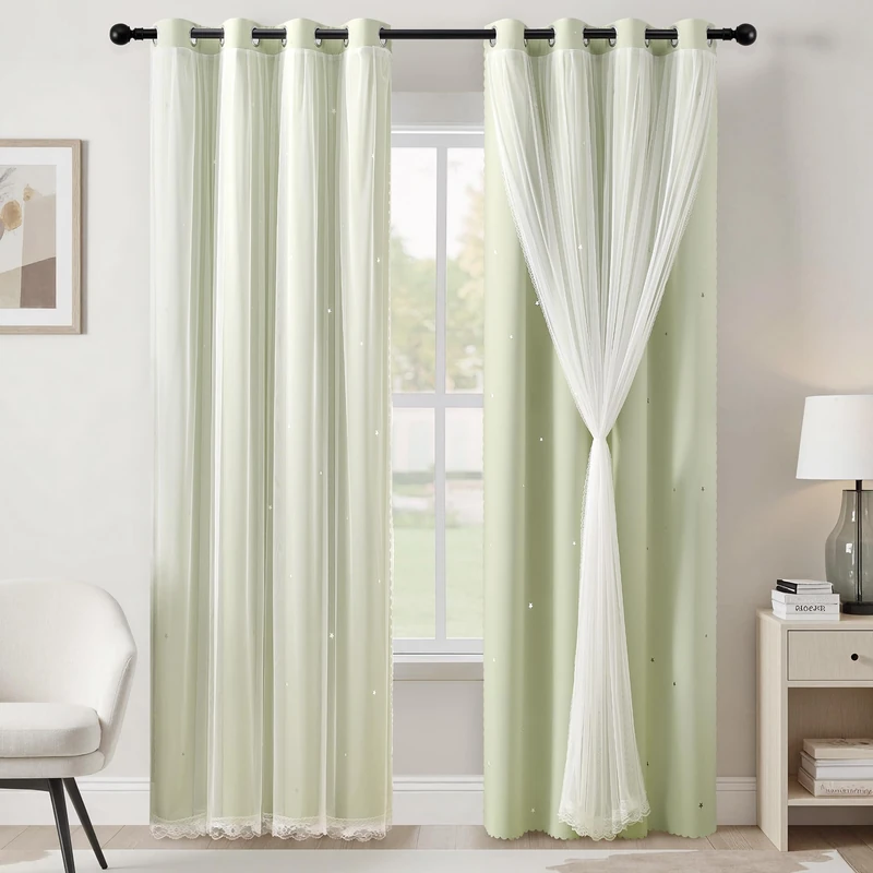 XiDi Sage Green Blackout Curtains for Bedroom Living Room 84 Inches Long Room Darkening Thermal Insulated Drapes Window Treatment Grommet Top Light Blocking Star Curtains for Kids Boys 2 Panels 52x84