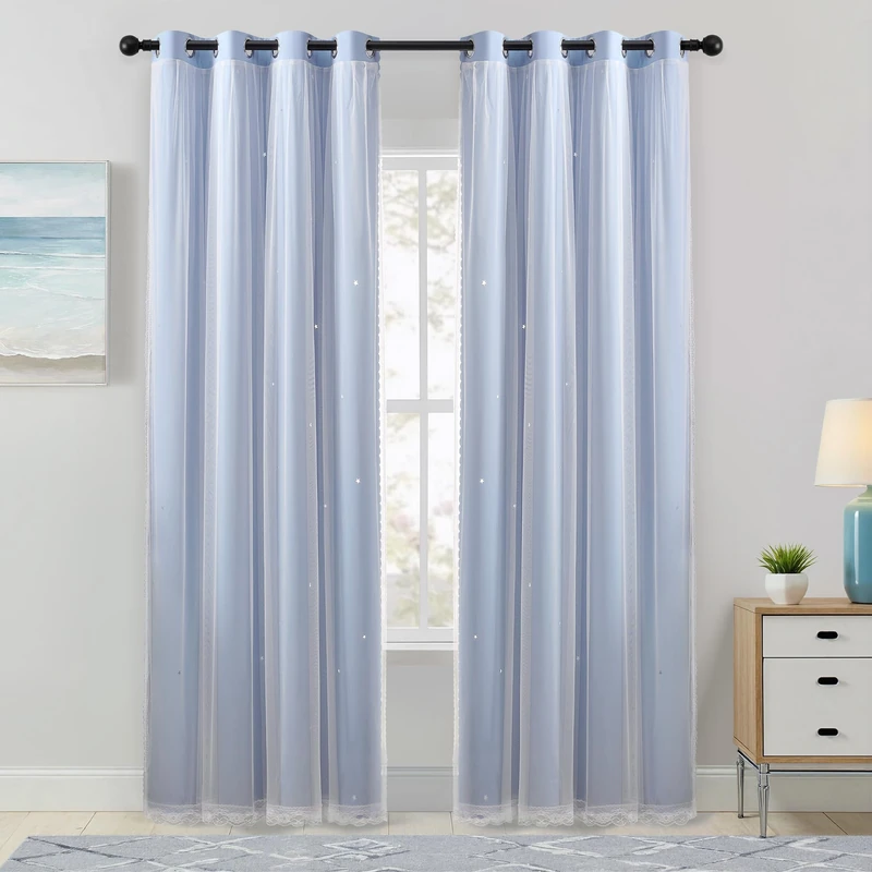 XiDi Light Blue Blackout Curtains for Girls Bedroom Living Room 84 Inches Long 2 Panels Star Curtains Boys Kids Room Darkening Thermal Insulated Drapes Grommet Noise Reduction Window Treatments 52x84