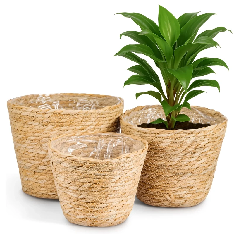 GREENSAPPIRE 3 Pcs Wicker Plant Pots Seagrass Planter Basket, Flower Pots Cover, Hand-Woven Planters for Plant Pot Basket in Indoor or Outdoor
