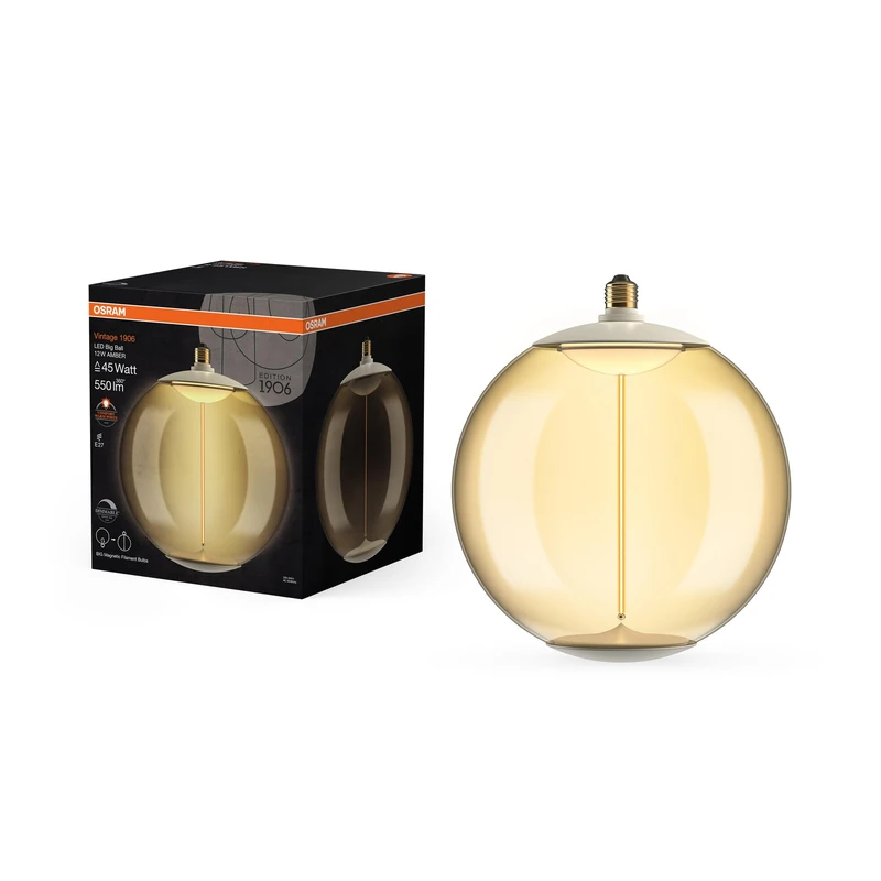 OSRAM Vintage 1906 BigBall45 LED lamp, 12 W (550 lm), 1800 K Warm White, Amber Plastic housing, E27 Base, Filament Magnet Technology, dimmable
