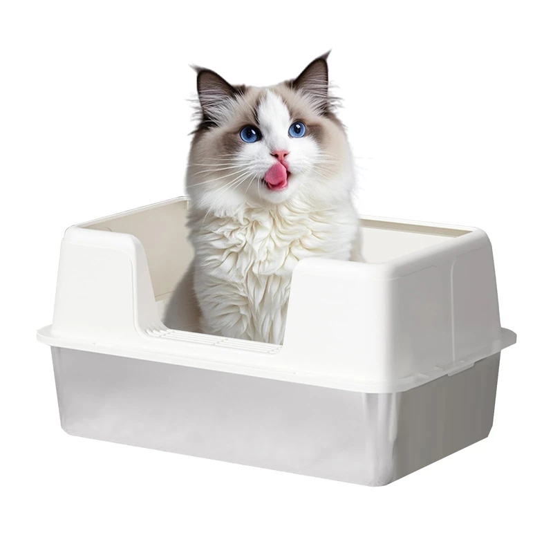 GarveeHome Large Stainless Steel Semi-Closed Cat Litter Tray Stainless Steel Easy to Clean High Removable Metal Cat Litter Tray with Non-Slip Mat 60 x 40 x 31.5 cm White