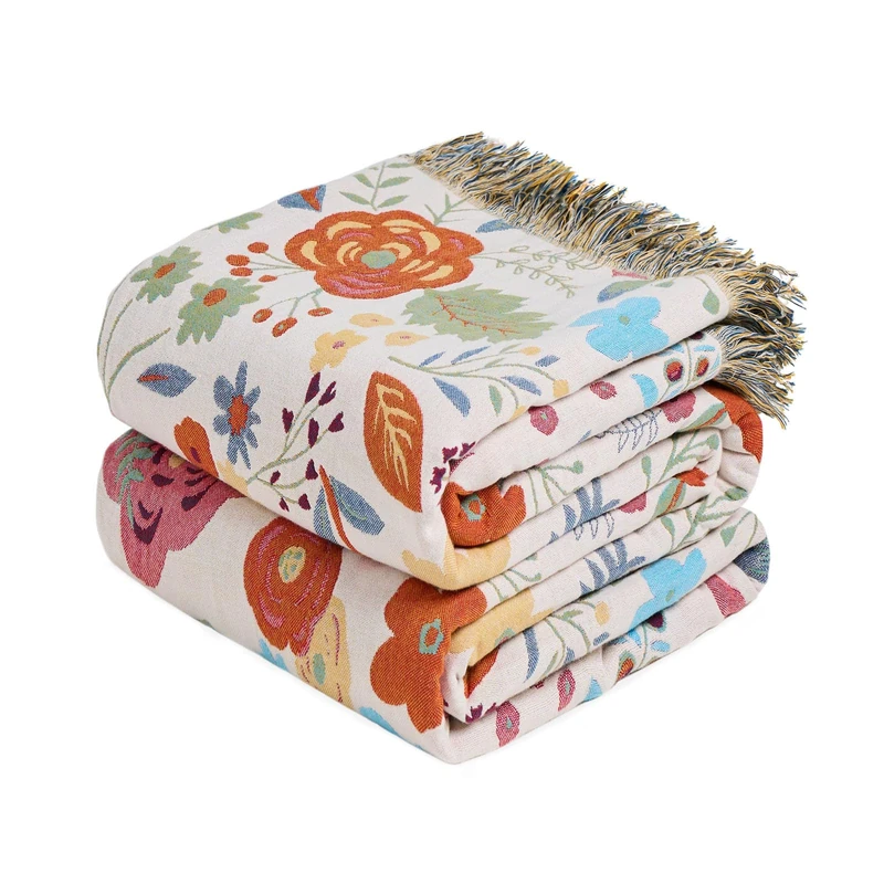 MSGKV Boho Bedspread Blanket Double Size 100% Cotton Floral Blanket 152cm x 203cm for Sofa Couch Muslin Breathable All Seasons Light Country Blankets Home Decor