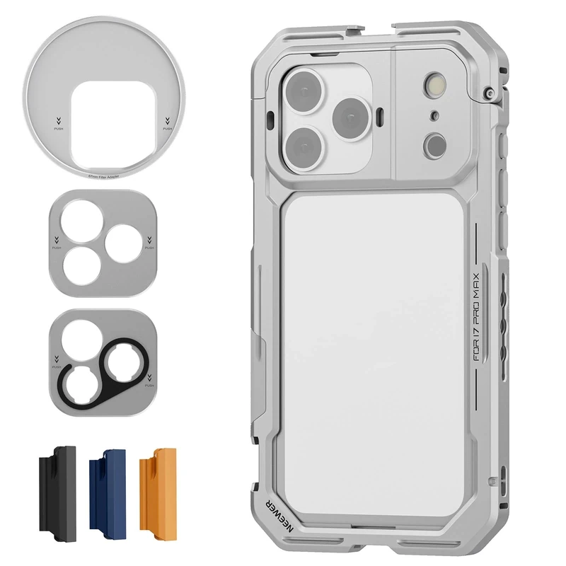 NEEWER Phone Cage Compatible with iPhone 17 Pro Max, Quick Release Video Rig Stabilizer Accessories with 67mm Filter Ring, 17mm Lens Backplate, T Mount Adapter, 4x Camera Control Cap, PA144 (Silver)