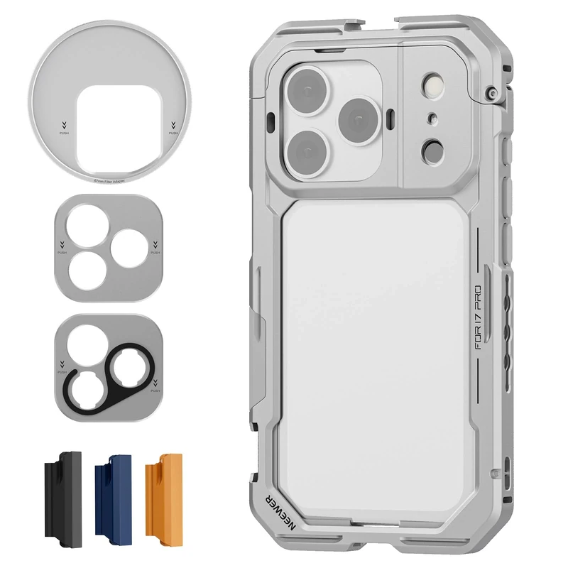 NEEWER Phone Cage Compatible with iPhone 17 Pro, Quick Release Video Rig Stabilizer Accessories with 67mm Filter Ring, 17mm Lens Backplate, T Mount Adapter, 4x Camera Control Cap, PA143 (Silver)