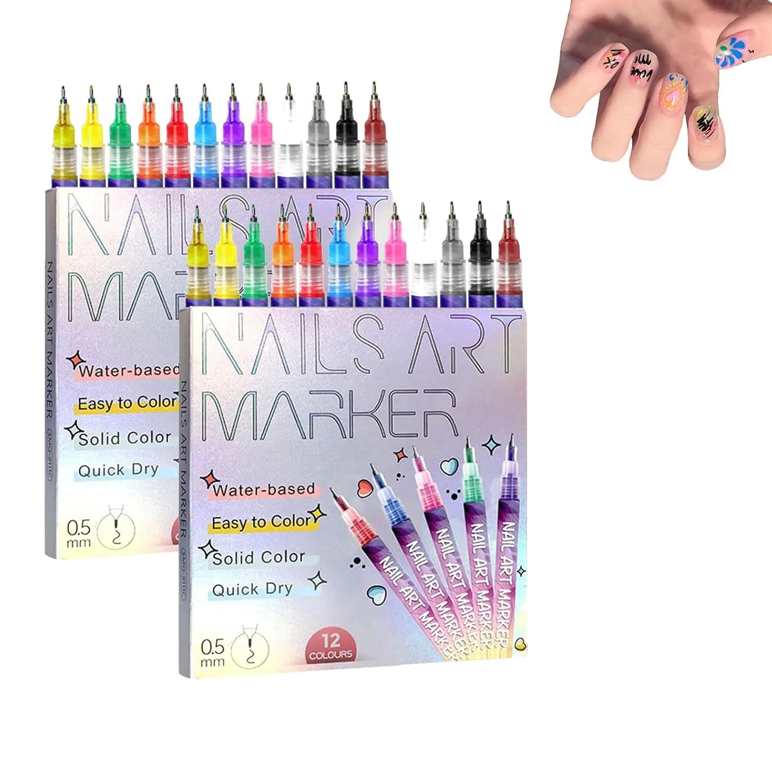 Nail Art Pens,12 Colours 0.5MM Nail Art Markers,3D Gel Nail Polish Set,Quick-Dry Gel Nail Markers,Quick-Dry Nail Polish Pens for DIY Painting & Liner, Graffiti, Dotting (2 boxes)