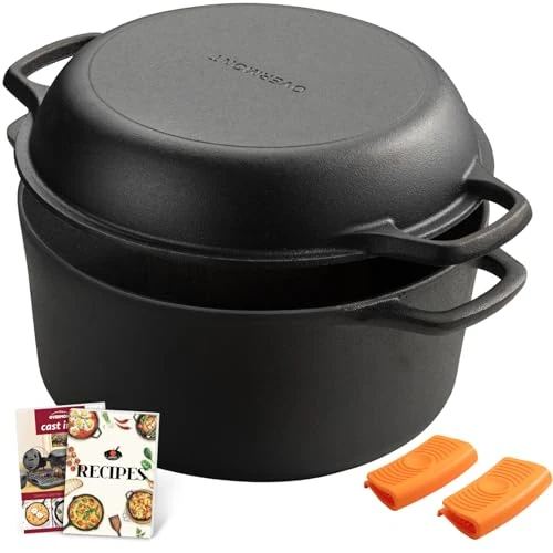 Overmont 2 in 1 Cast Iron Dutch Oven with Cookbook Recipe Dutch Oven Pot + Dual Function Skillet Lid Pre Seasoned with Handle Covers for Camping Home Cooking BBQ Baking