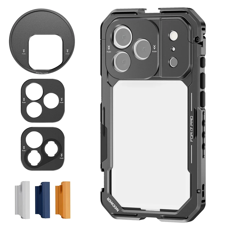 NEEWER Phone Cage Compatible with iPhone 17 Pro, Quick Release Video Rig Stabilizer Accessories with 67mm Filter Ring, 17mm Lens Backplate, T Mount Adapter, 4x Camera Control Cap, PA143 (Black)