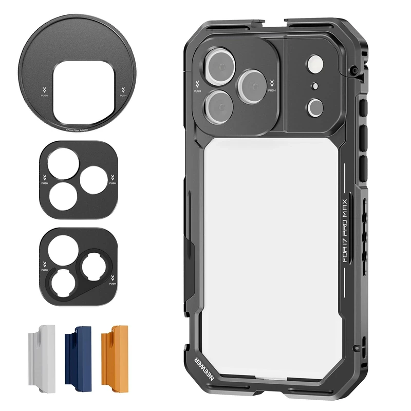 NEEWER Phone Cage Compatible with iPhone 17 Pro Max, Quick Release Video Rig Stabilizer Accessories with 67mm Filter Ring, 17mm Lens Backplate, T Mount Adapter, 4x Camera Control Cap, PA144 (Black)