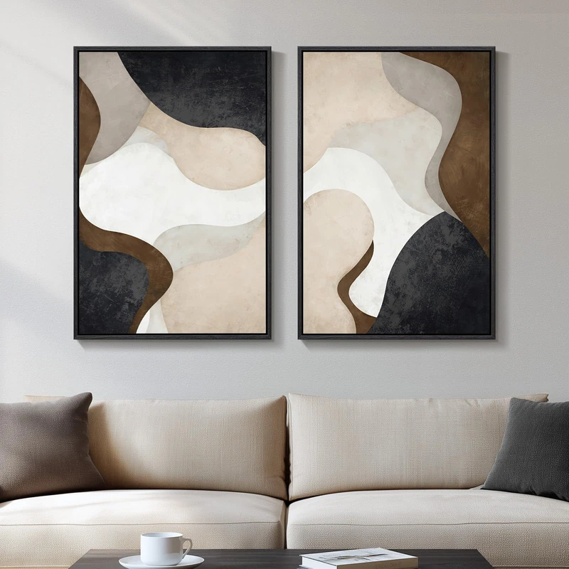 Framed Neutral Abstract Minimalist Wall Art, 2 Piece Large Modern Canvas Prints Paintings Artwork for Walls, Black Beige Brown Abstract Art Pictures for Living Room Dining Bedroom Wall Decor 20x30 In
