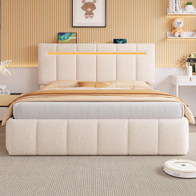 Ball & Cast King Size Bed Frame with Upholstered Storage Headboard, Stable and Sturdy Metal King Bed Frame with Charging Station & LED Lights, 150x200 cm Platform Bed Frame No Box Spring Needed,Beige