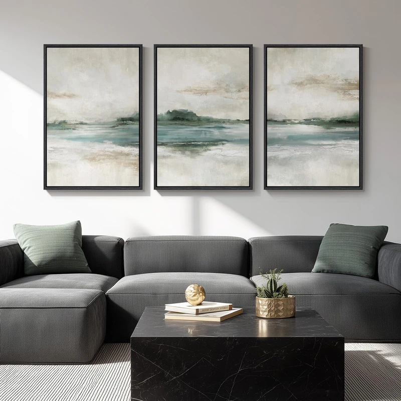 Large Framed Abstract Landscape Wall Art, 3 Piece Canvas Prints Paintings Artwork for Walls, Soft Blue and Green Nature Lake Pictures for Living Room Dining Bedroom Home Office Wall Decor 20x30 In