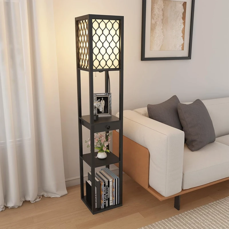 Feonase Modern Floor Lamp with Shelves & Remote - 160cm Tall Standing Light with Bulb, Stable Design for Bedroom, Living Room & Office (Black)