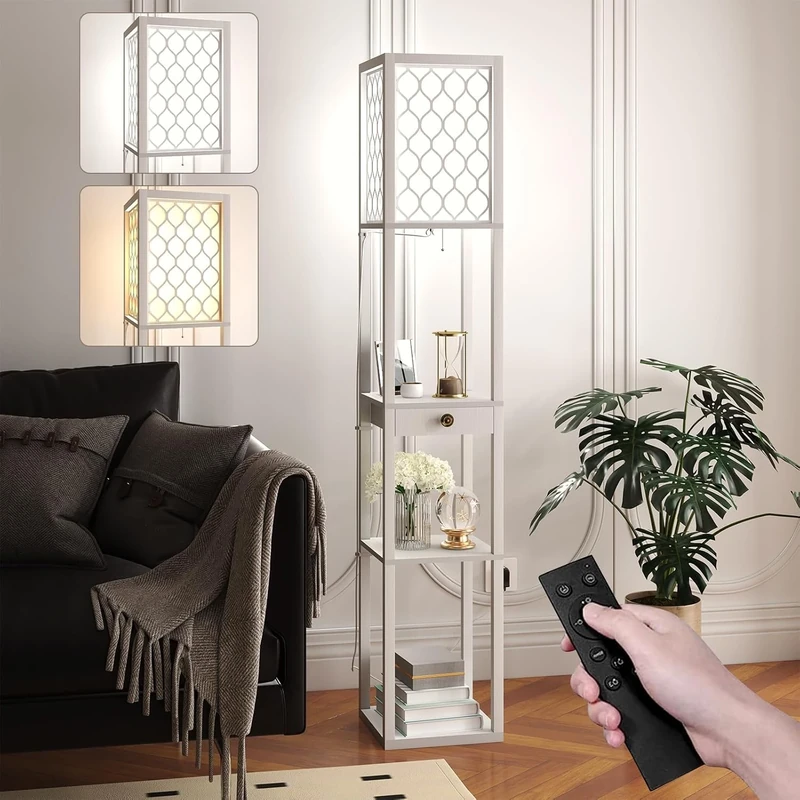 Feonase Modern Floor Lamp with Shelves & Remote - 160cm Tall Standing Light with Bulb, Stable Design for Bedroom, Living Room & Office (White)