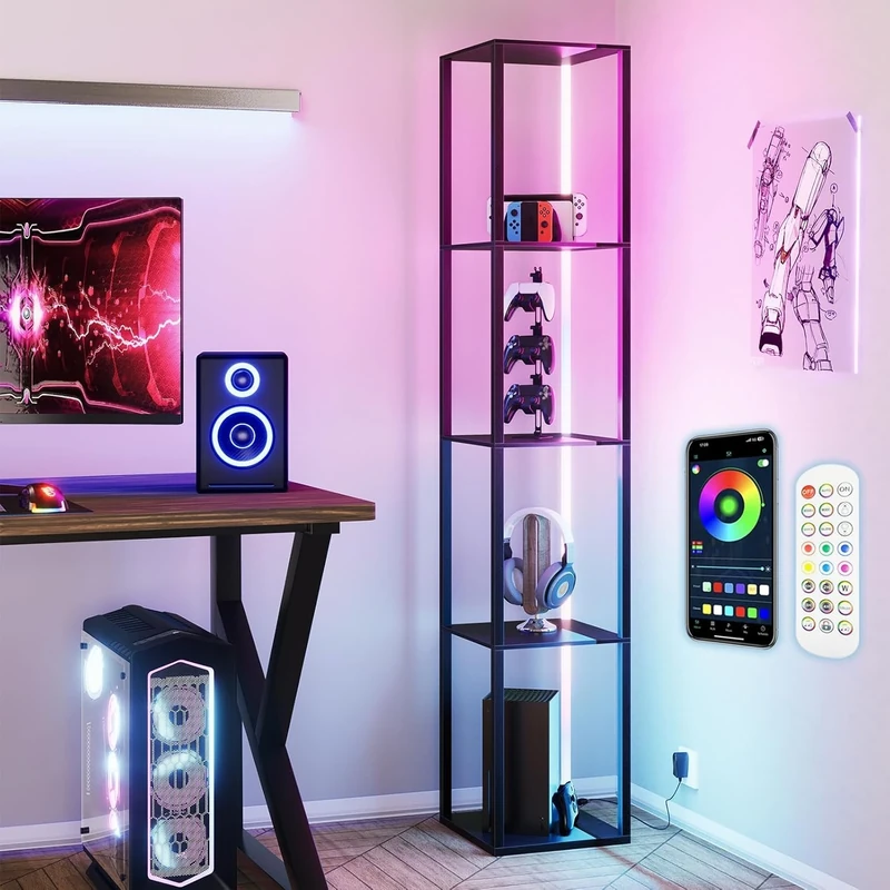 Feonase Smart RGB Floor Lamp with Display Shelves - 162cm Tall, App & Remote Controlled LED Light for Collectibles, Modern Corner Lamp (Black) - Image 1