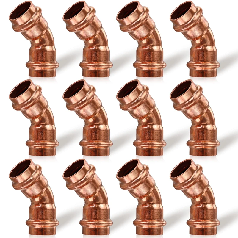 12PK Copper Press Fittings 3/4 inch 45-Degree Elbow Copper Coupling Zero Lead PxP 3/4”x3/4”,45 Degree Elbow Fittings for Copper Tube Connection&Plumbing,OD 7/8",Use with Hydraulic Press Fitting Tool