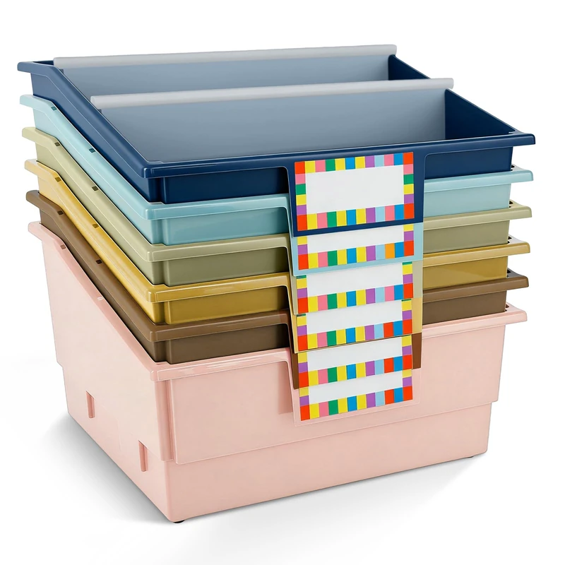 6 Pack Picture Book Bin with Dividers Classroom Library Book Bin Large Plastic Books Holders with Labels for Classroom Library Magazines Storage Organizer 13.5 x 13.5 x 7.75 in(Vintage)