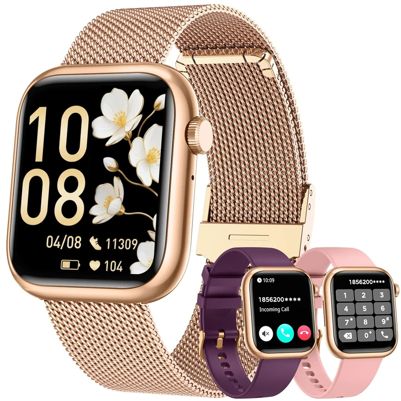 Women Smartwatch Fitness Tracker for Lady: 1.83'' Smart Watch for Women Answer/Make Call with iP67 Heart Rate Sleep Monitor Steps Counter 120+ Sports Digital Wrist Watches 3 Straps Android iOS Gold-A