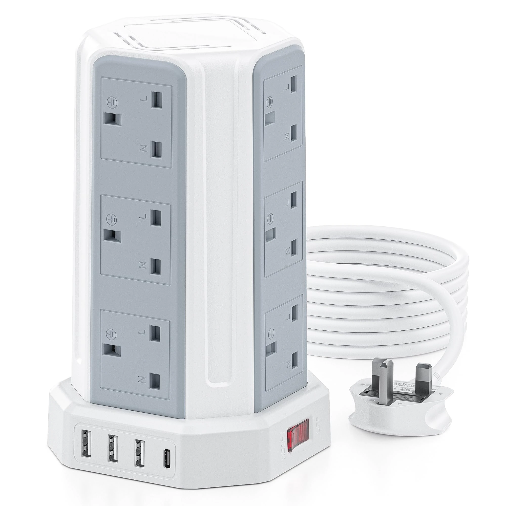 Tower Extension Lead 3M, Aodeng 12 Way Extension Tower Multi Plug Extension Sockets with 4 USB Slots, [13A 3250W] Surge Protector Extension Cable 3M for Home, Office, Kitchen