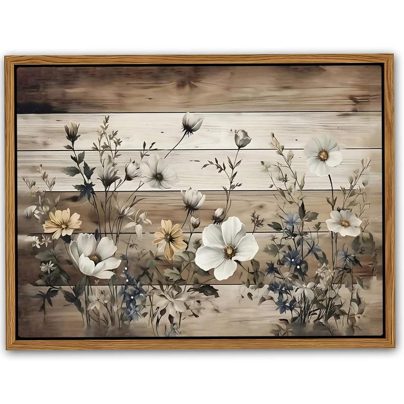 Vintage Flowers Wall Art Canvas Prints, Rustic Pastoral Botanical Painting, Wood Grain Background Floral Artwork, Rural Farmhouse Wall Decor for Living Room Bedroom 12x16 inch Floating Framed