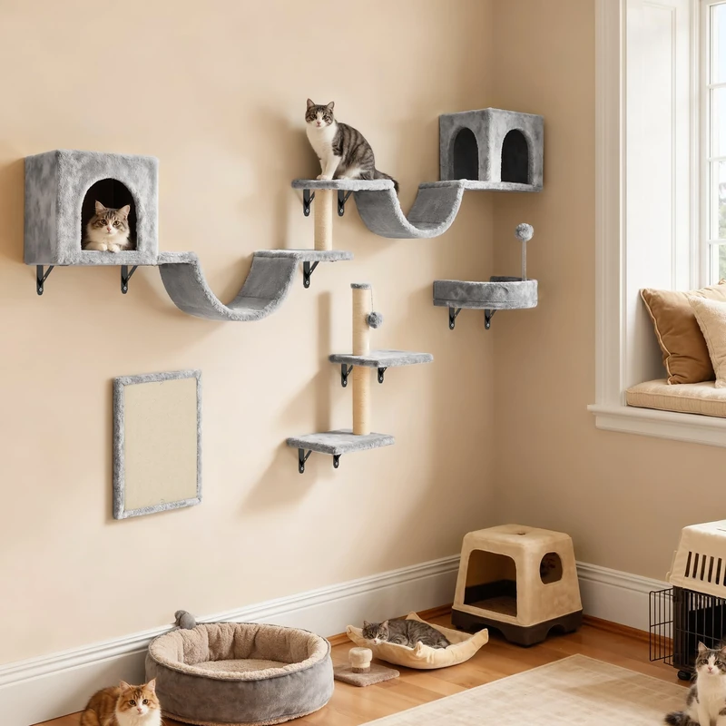 YITAHOME 8-Piece Cat Wall Set, Durable Plush Scratching Furniture with Scratching Post, Cat House, Cat Bridge, Cat Ladder, and Hanging Ball in Light Grey