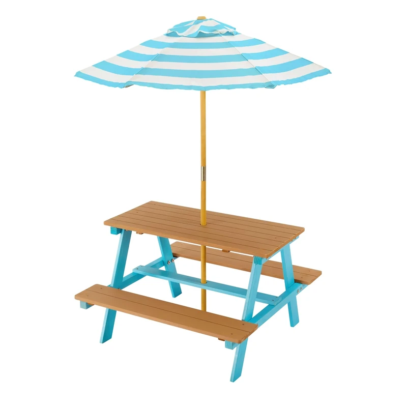 Teamson Kids Dakota Wooden Picnic Table with Striped Sun Umbrella – Children’s Outdoor Garden Play Table & Benches Blue