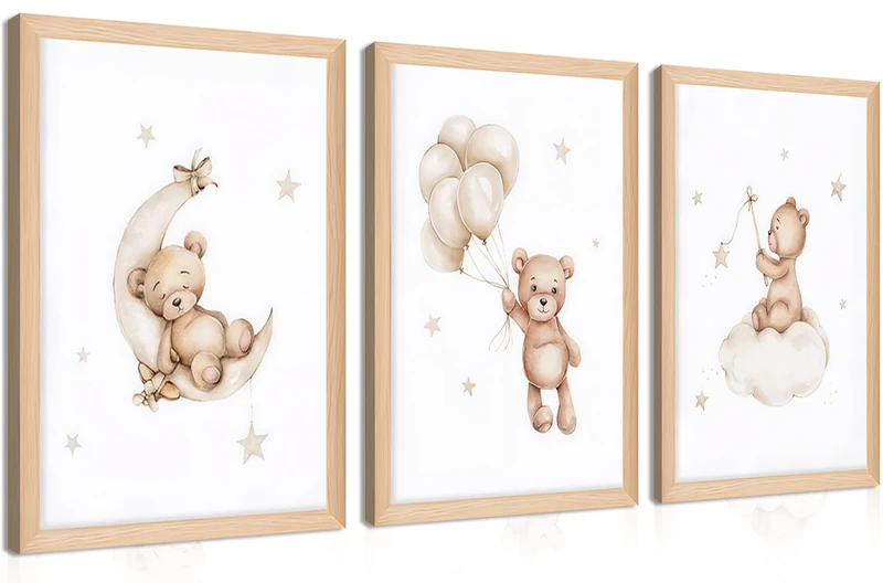 Framed Teddy Bear Wall Art Nursery Decor Set of 3, Bear Sleeping on The Moon and Stars Pictures Canvas, Neutral Bears Poster Prints Wall Decor for Kids Baby Room Girls Children Room – 16x24 inch