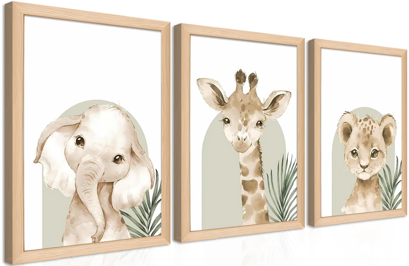 Framed Cute Animal Wall Art Nursery Decor Set of 3, Watercolor Elephant Giraffe Lion Canvas, Whimsical Wildlife Pictures Print, Nursery Wall Decor for Kids’ Bedroom Daycare – 16x24 inch