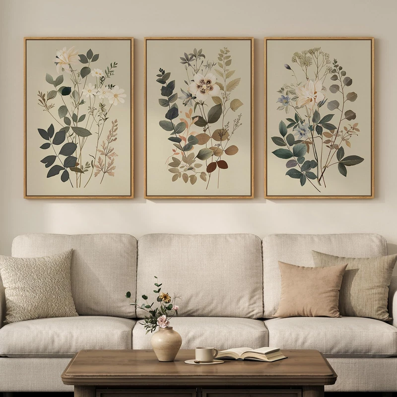 Framed Vintage Botanical Wall Art, 3 Piece Neutral Floral Canvas Artwork for Modern Farmhouse Walls, Rustic Sage Green Flower Painting Prints for Living Room Bedroom Office Kitchen Wall Decor, 20x30