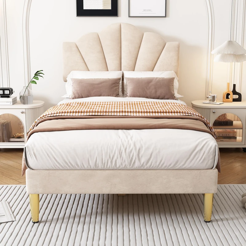 Ball & Cast 3FT (90 * 190cm) Upholstered Single Bed Frame, Shell-like Velvet Bed with Golden Iron Legs & Height-adjustable Headboard, Wooden Slatted Frame Velvet, Beige