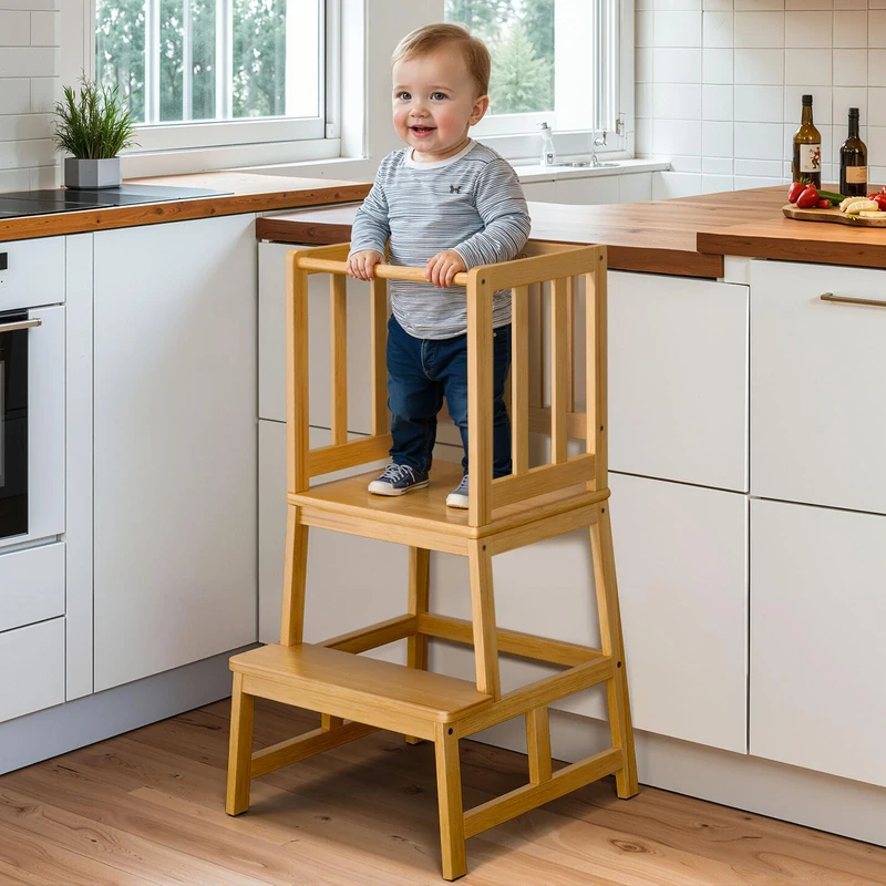 COSYLAND Montessori Learning Tower from 1 Year - Height-Adjustable Children's Learning Tower & Learning Tower for Kitchen, Safe Montessori Tower with 2 Levels, Tilt Protection & Non-Slip Mats, Bamboo