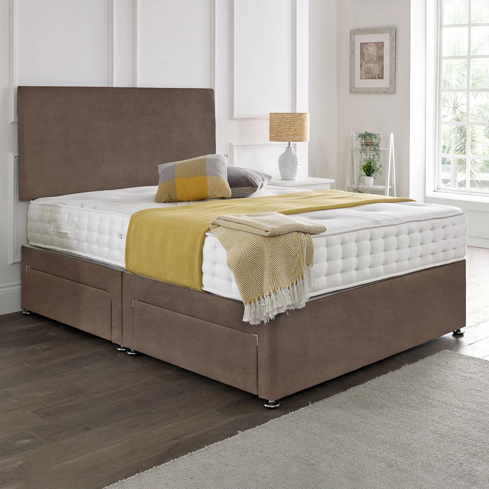 SANA SLEEP Premium Plain Fabric Divan Bed Set With Mattress, 2 Drawers (Same Side) and Headboard 6FT Super King-Plush taupe