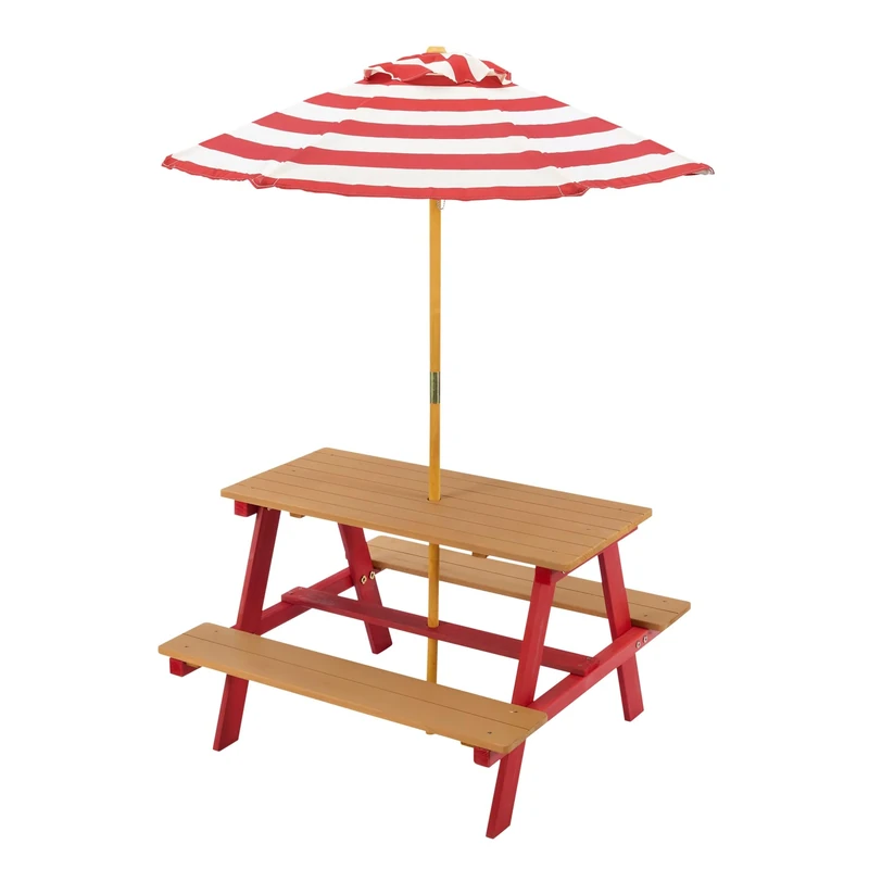 Teamson Kids Dakota Wooden Picnic Table with Striped Sun Umbrella – Children’s Outdoor Garden Play Table & Benches Red