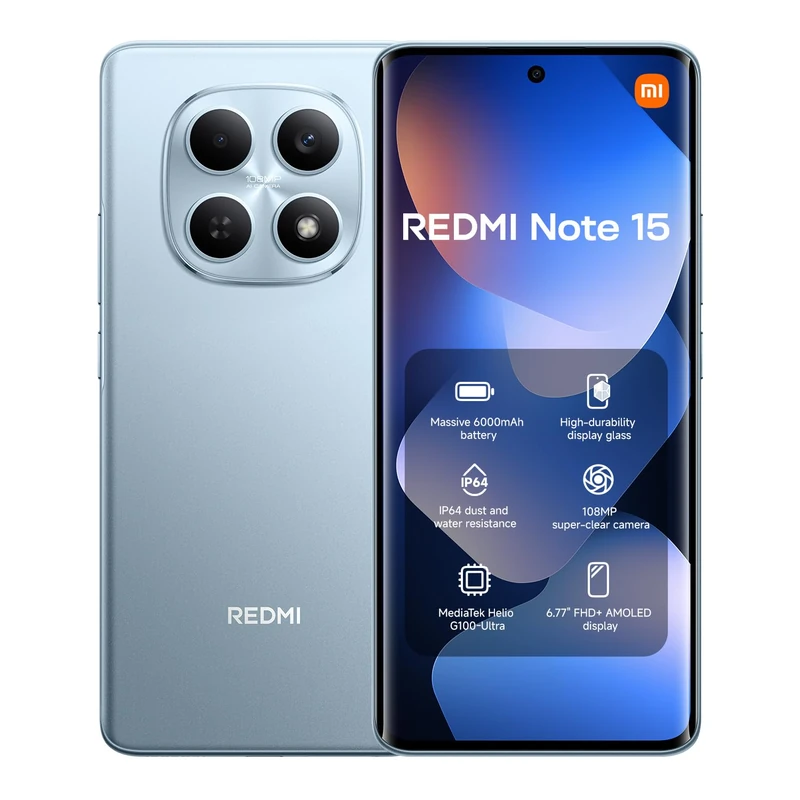 XIAOMI Redmi Note 15 4G 8+128 Glacier Blue,MediaTek Helio G100-Ultra, 108MP Super-clear Camera, 6.77" 120Hz Amoled Display, 6000mAh Battery (No power adapter included)