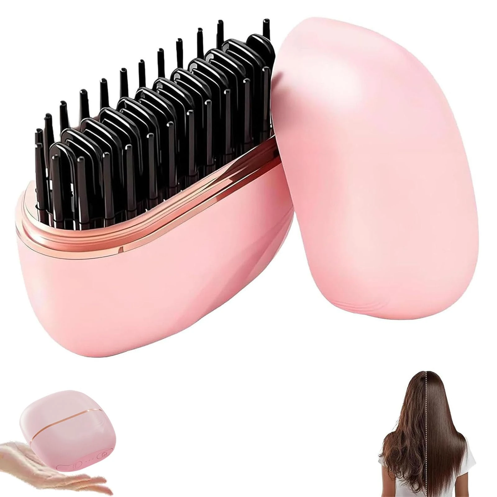 Glambrush Mini Hair Straightener Brush, 2-in-1 Cordless & Portable Hair Straightener and Volumizing Hot Comb, 30s Fast Heating, Anti-Scald, Plant Protein Coating, Ideal for Travel & Daily Use (PK)