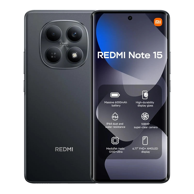 XIAOMI Redmi Note 15 4G 8+128 Black,MediaTek Helio G100-Ultra, 108MP Super-clear Camera, 6.77" 120Hz Amoled Display, 6000mAh Battery (No power adapter included)
