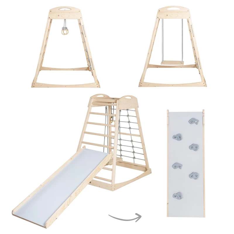 roba Montessori Indoor Climbing Tower incl. 2-in-1 Slide & Climbing Board, Climbing Net & Rung Side, Swing & Gym Rings – Suitable from 24 Months – Loadable up to 70 kg – Natural Wood