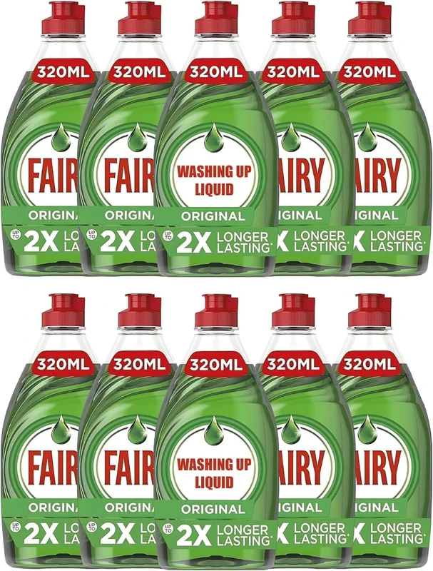 Fairy Original Washing Up Liquid 10 Pack 320ml Bottles Powerful Grease Cutting Concentrated Dishwashing Liquid Long Lasting Suds Fresh Scent Gentle on Hands Kitchen Cleaning Essential