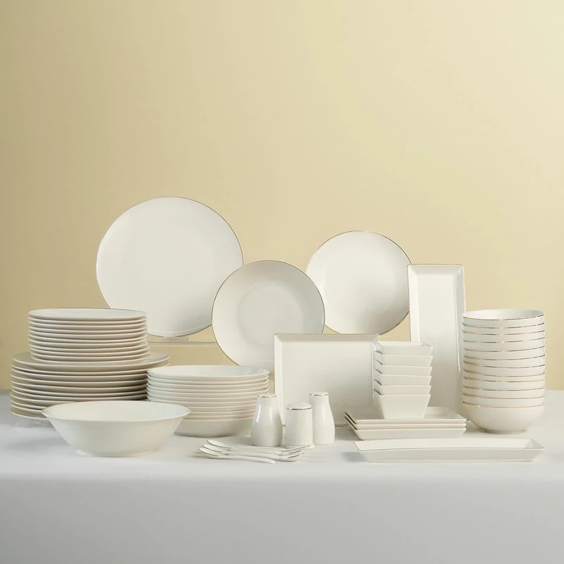 Karaca Donatella Fine Bone China Dinner Set - 70-Piece Dinnerware for 12 People, Dinner Plate Set with Pasta Bowls, Dessert Plates, Large Serving Bowls and Porcelain Spoons - Gold White