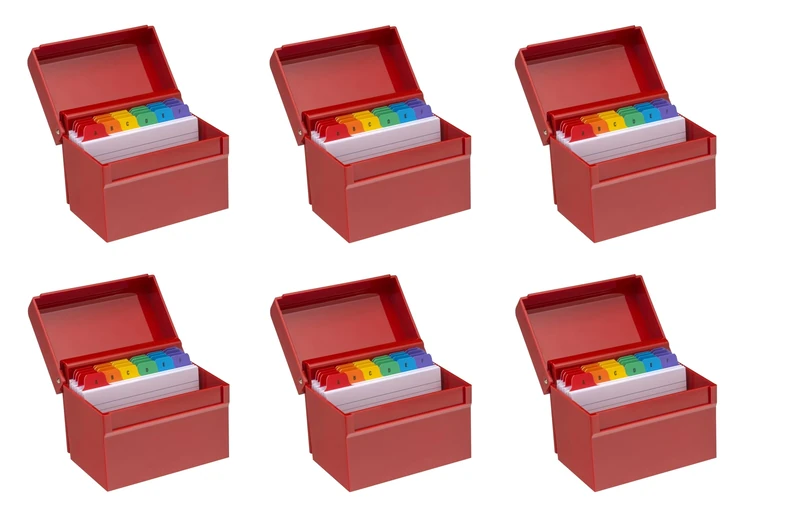 OSCO Medium Red Hi-Gloss Plastic Index Box 6 Pack, A to Z Divider Tabs, 100 Lined Note Cards, Ruled Revision Flash Cards, Recipe Notes, Office Contacts Filing, Holds 6" × 4" Cards (148 × 105 mm)