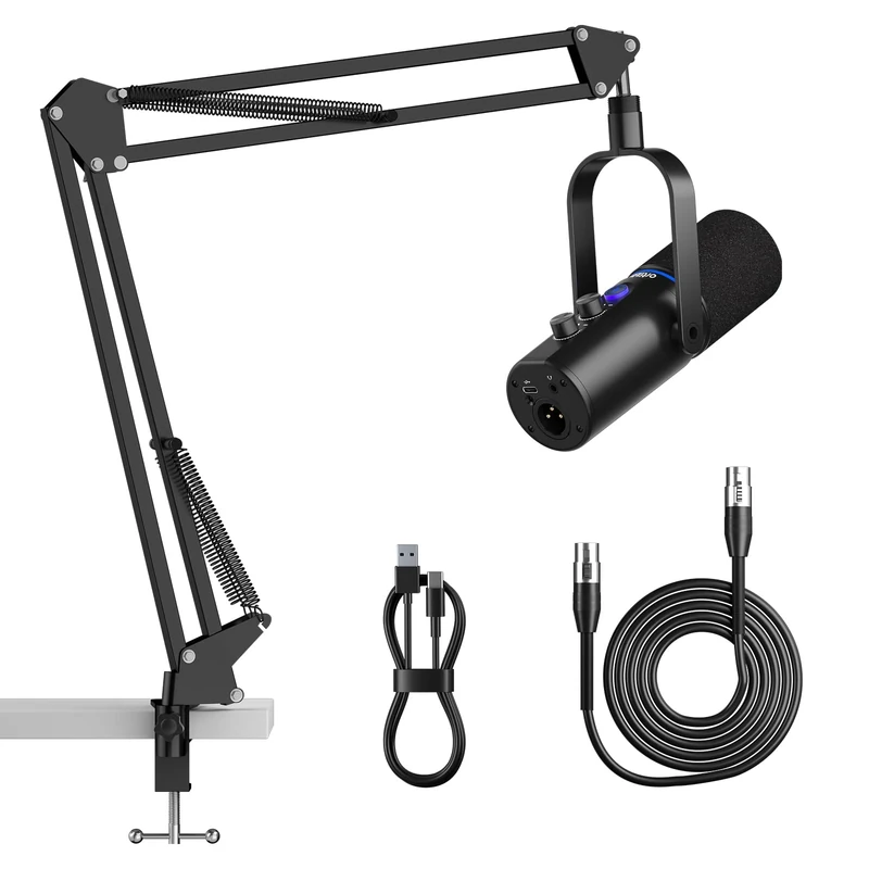 Ortizan XLR/USB Dynamische Mikrofone, Gaming Mikrofon mit Stummschalttaste und Arm, Hall-Effekten, Rauschunterdrückung, Kopfhöreranschluss, Podcast Mikrofon für Streaming/Aufnahmen/Gesang - Schwarz