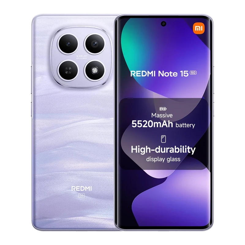 XIAOMI Redmi Note 15 5G, Smartphone 8+256 GB, Ultra-slim Design, IP65 Water Resistance, 108MP Super-clear Camera, 6.77" FHD+ Display, Mist Purple, Warranty 2 years, Charger Not Included